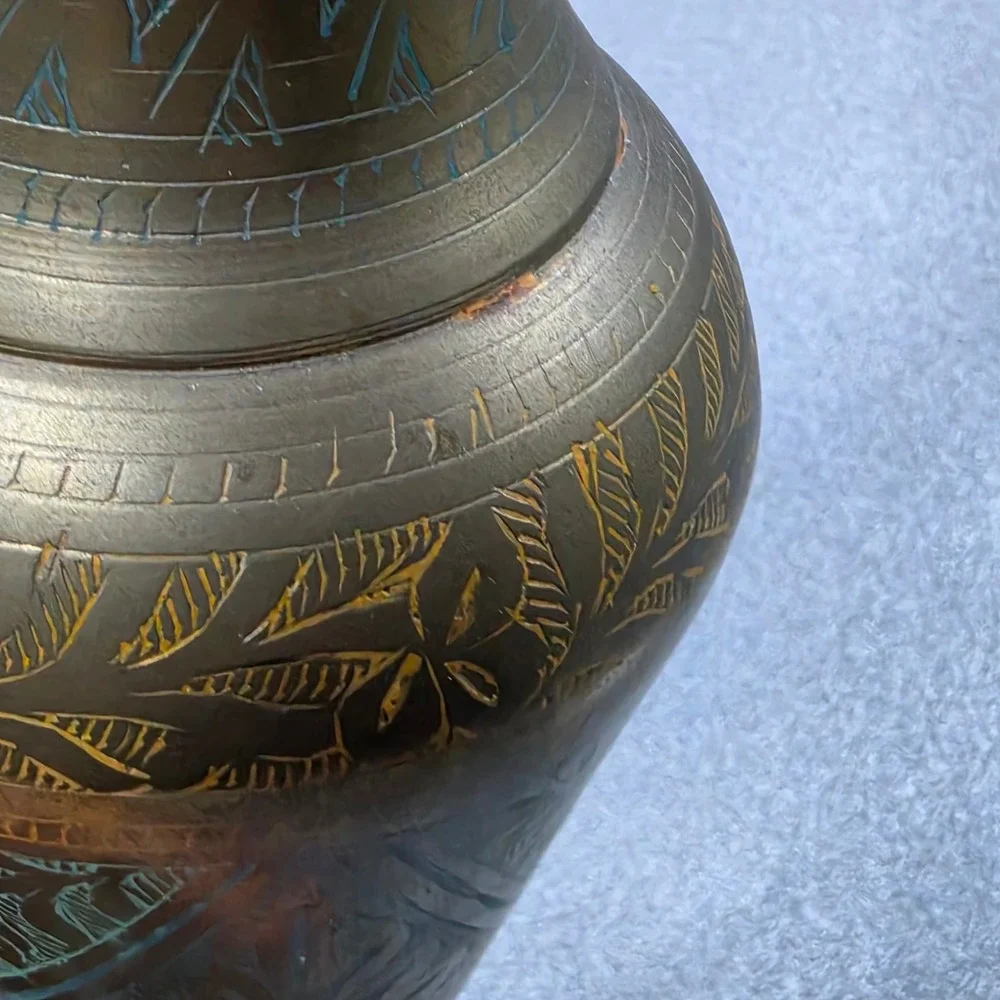 Colored Etched Brass Bud Vase Excellent Enamel‎ Detail